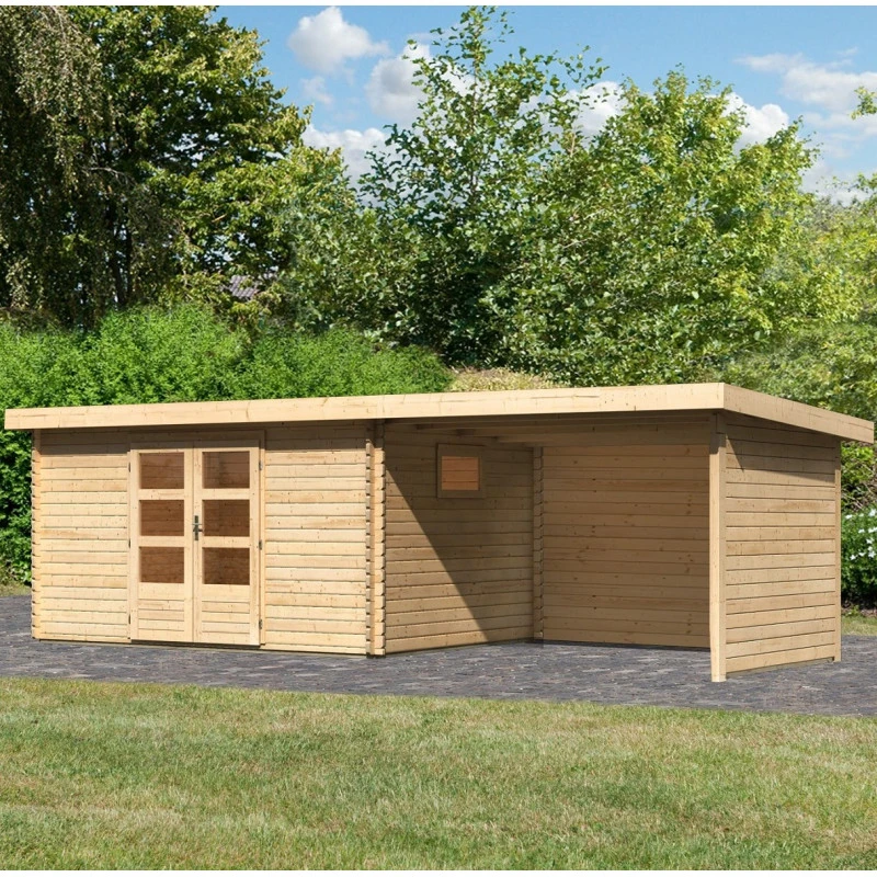 Abri De Jardin 11,49m² En Bois Massif 40mm Trittau 5 Avec Appentis 330cm, Paroi Arrière Et Latérale – Karibu 3 Abri De Jardin 11,49m² En Bois Massif 40mm Trittau 5 Avec Appentis 330cm, Paroi Arrière Et Latérale – Karibu
