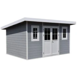 Abri De Jardin En Bois Composite 28mm Gris Clair 12m² PREMIUM Toit Plat - Woodlife Garden