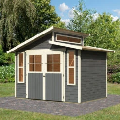 Abri De Jardin En Bois Gris Terre 6,55m² Avec Toit En Gradins - Grauburg 6 - Karibu