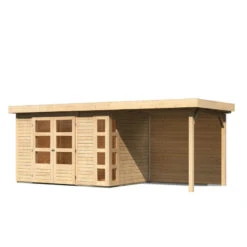 Abri De Jardin En Bois Massif 6,55m² Kerko 4 Avec Appentis 240cm Et Paroi Arrière – Karibu -Boutique De Jardin abri de jardin en bois massif 655m kerko 4 avec appentis 240cm et paroi arriere woodfeeling 2