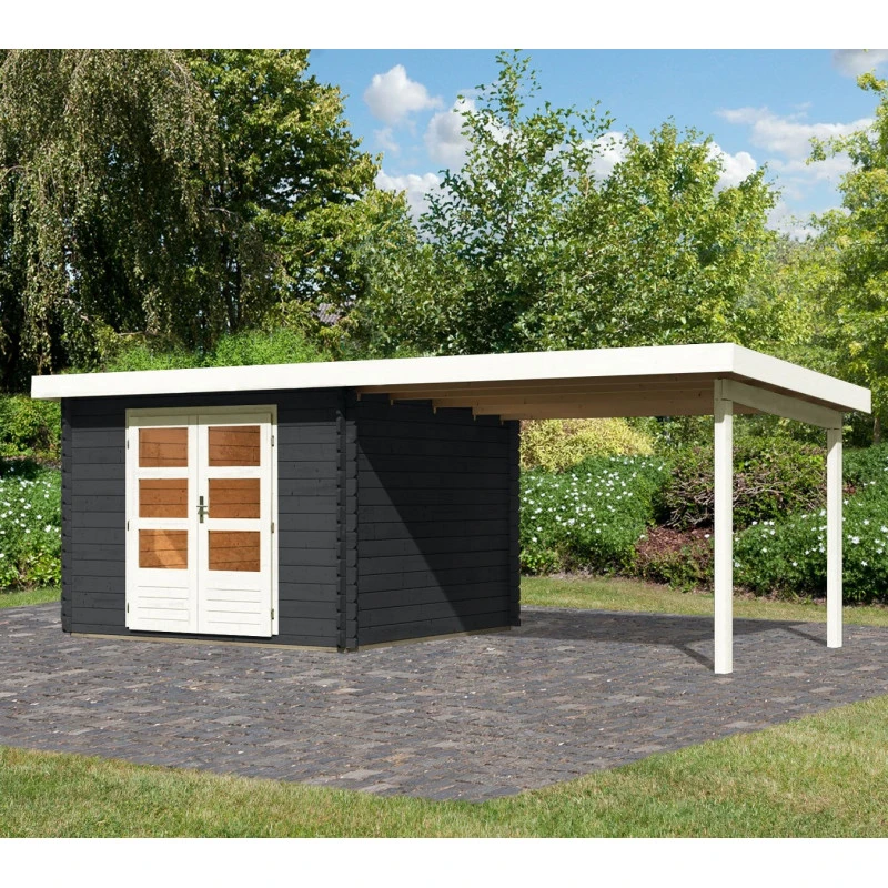 Abri De Jardin En Bois Massif Anthracite 8,82m² Bastrup 5 Avec Appentis 300cm – Karibu 4 Abri De Jardin En Bois Massif Anthracite 8,82m² Bastrup 5 Avec Appentis 300cm – Karibu – Image 2