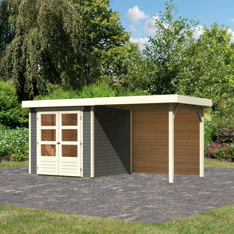 Abri De Jardin En Bois Massif Gris Terre 4,62m² Askola 2 Avec Appentis 240cm Et Paroi Arrière – Karibu 3 Abri De Jardin En Bois Massif Gris Terre 4,62m² Askola 2 Avec Appentis 240cm Et Paroi Arrière – Karibu