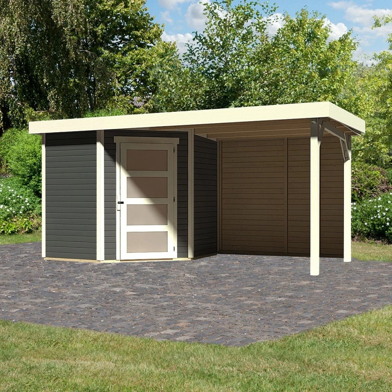 Abri De Jardin En Bois Massif Gris Terre 4,62m² Schwandorf 3 Avec Appentis 240cm Et Paroi Arrière – Karibu 3 Abri De Jardin En Bois Massif Gris Terre 4,62m² Schwandorf 3 Avec Appentis 240cm Et Paroi Arrière – Karibu