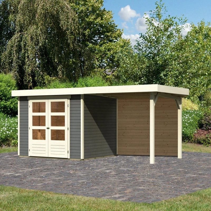 Abri De Jardin En Bois Massif Gris Terre 5,25m² Askola 3 Avec Appentis 240cm Et Paroi Arrière - Karibu 3 Abri De Jardin En Bois Massif Gris Terre 5,25m² Askola 3 Avec Appentis 240cm Et Paroi Arrière - Karibu