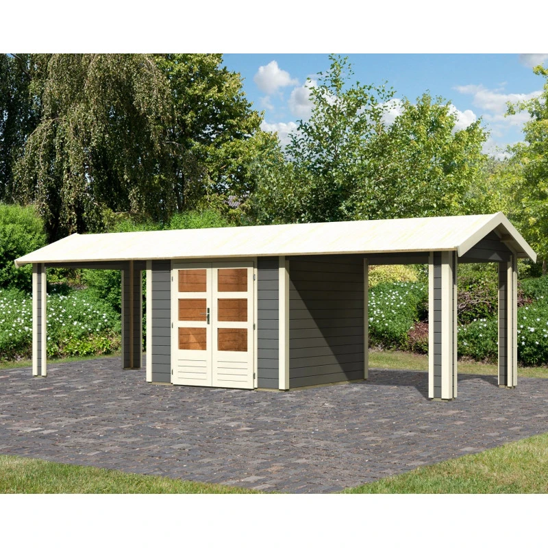 Abri De Jardin En Bois Massif Gris Terre 5,95m² Theres 3 Avec Deux Auvents – Karibu 3 Abri De Jardin En Bois Massif Gris Terre 5,95m² Theres 3 Avec Deux Auvents – Karibu