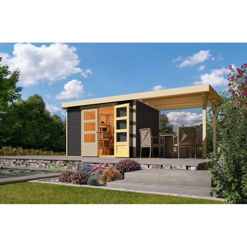 Abri De Jardin En Bois Massif Gris Terre 6,55m² Askola 4 Avec Appentis 240cm - Karibu 4 Abri De Jardin En Bois Massif Gris Terre 6,55m² Askola 4 Avec Appentis 240cm - Karibu – Image 2
