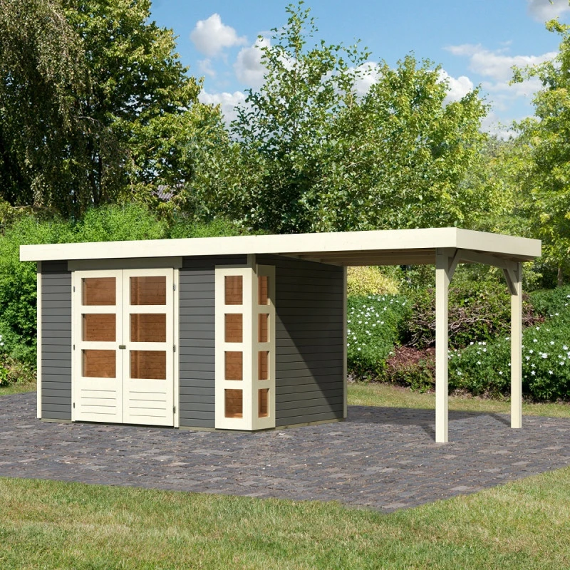 Abri De Jardin En Bois Massif Gris Terre 6,55m² Kerko 4 Avec Appentis 240cm – Karibu 3 Abri De Jardin En Bois Massif Gris Terre 6,55m² Kerko 4 Avec Appentis 240cm – Karibu