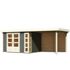 Abri De Jardin En Bois Massif Gris Terre 7,43m² Kerko 5 Avec Appentis 280cm Et Paroi Arrière – Karibu -Boutique De Jardin abri de jardin en bois massif gris terre 743m kerko 5 avec appentis 280cm et paroi arriere woodfeeling 2