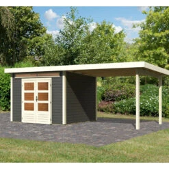 Abri De Jardin En Bois Massif Gris Terre 7,50m² Kandern 6 Avec Appentis 320cm – Karibu