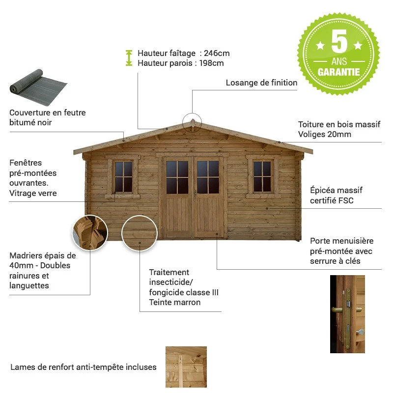 Abri En Bois Massif 19,8m² PLUS 40mm Traité Teinté Marron Gardy Shelter 7 Abri En Bois Massif 19,8m² PLUS 40mm Traité Teinté Marron Gardy Shelter – Image 5