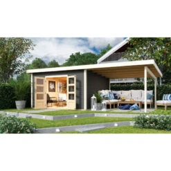 Abri Toit Plat 13,60m² Bois Massif Gris Terre 40mm Northeim 5 Avec Appentis 330cm – Karibu -Boutique De Jardin abri toit plat 1360m bois massif gris terre 40mm northeim 5 avec appentis 330cm woodfeeling 3
