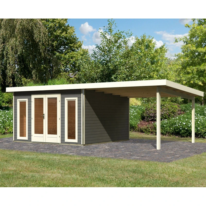 Abri Toit Plat 13,60m² Bois Massif Gris Terre 40mm Radeburg 3 Avec Appentis 330cm – Karibu 4 Abri Toit Plat 13,60m² Bois Massif Gris Terre 40mm Radeburg 3 Avec Appentis 330cm – Karibu – Image 2