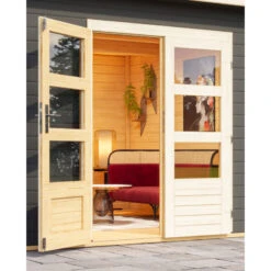 Abri Toit Plat 9,55m² Bois Massif Gris Terre 40mm Northeim 3 Avec Appentis 330cm Et Paroi Arrière – Karibu -Boutique De Jardin abri toit plat 955m bois massif gris terre 40mm northeim 3 avec appentis 330cm et paroi arriere woodfeeling 4