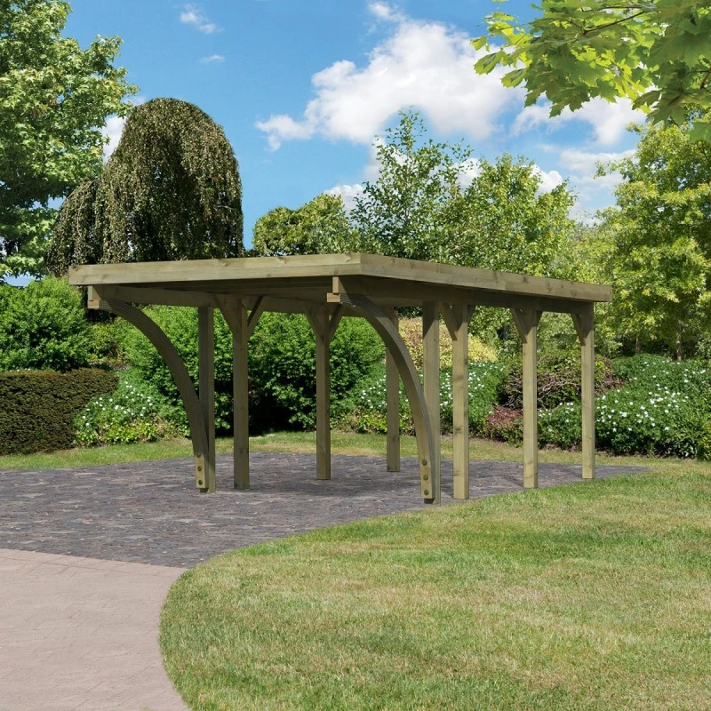 Carport En Bois Autoclave 21m², Toit En PVC Gris Et Deux Poteaux En Arc – KARIBU 3 Carport En Bois Autoclave 21m², Toit En PVC Gris Et Deux Poteaux En Arc – KARIBU