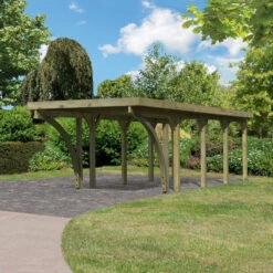 Carport En Bois Autoclave 26,9m², Toit En Acier Et Deux Poteaux En Arc – KARIBU