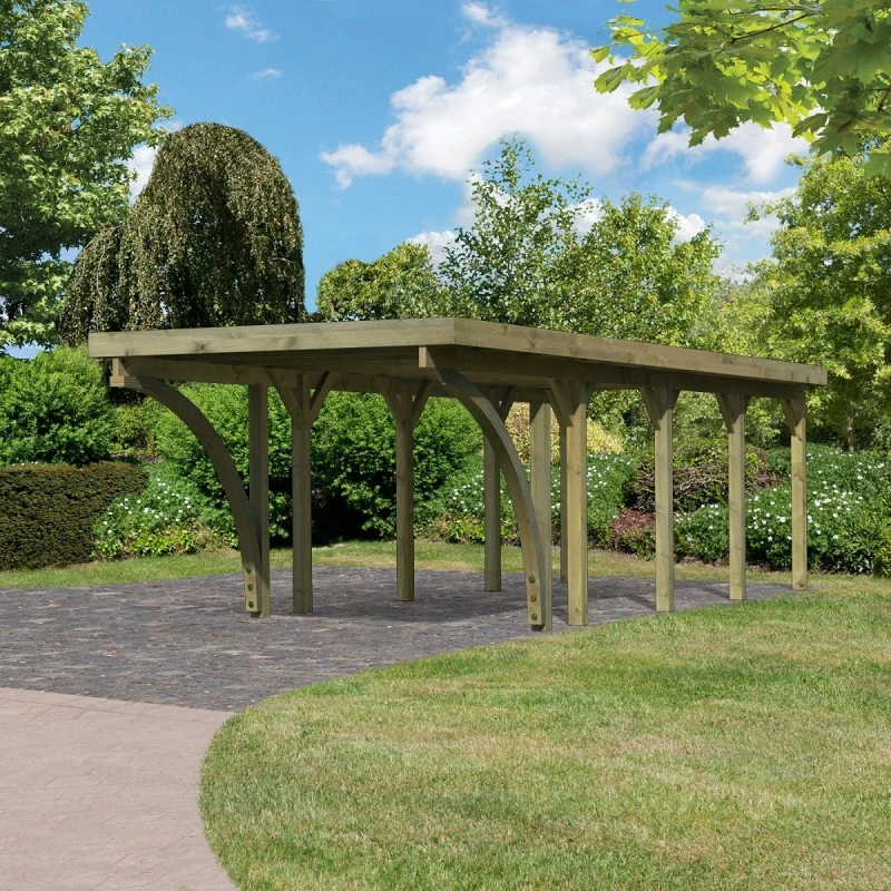 Carport En Bois Autoclave 26,9m², Toit En Acier Et Deux Poteaux En Arc – KARIBU 3 Carport En Bois Autoclave 26,9m², Toit En Acier Et Deux Poteaux En Arc – KARIBU