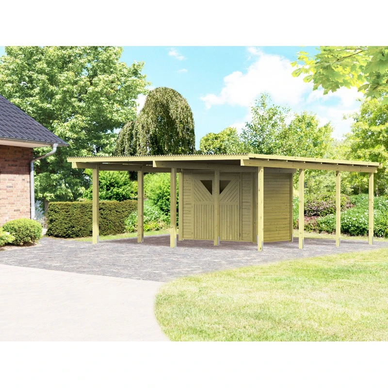Carport En Bois Autoclave 30,35m² Avec Petit Débarras - Karibu 3 Carport En Bois Autoclave 30,35m² Avec Petit Débarras - Karibu