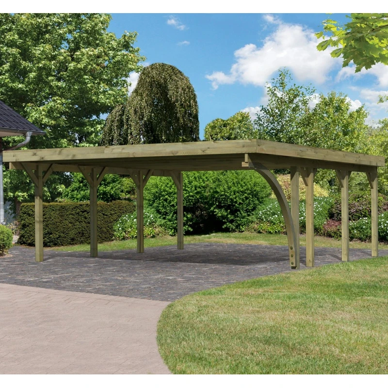 Carport En Bois Autoclave 40,2m² Avec Poteau En Arc Et Toit En Acier – KARIBU 3 Carport En Bois Autoclave 40,2m² Avec Poteau En Arc Et Toit En Acier – KARIBU