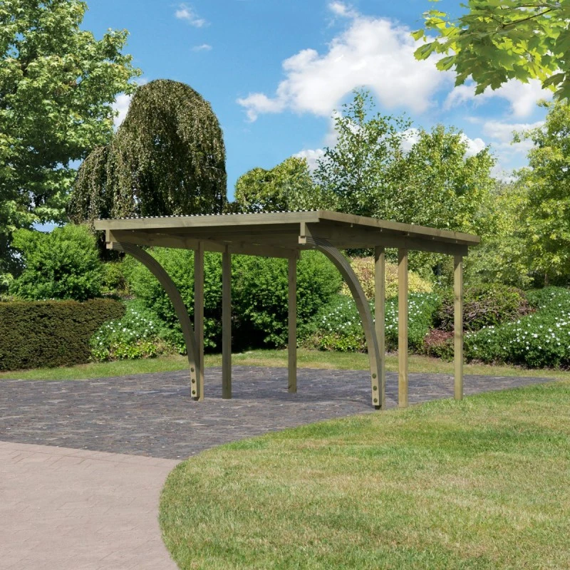 Carport Simple En Bois Autoclave Avec Toit PVC Et 2 Arcs D'entrée 14,9m² - 304x490cm - Karibu 4 Carport Simple En Bois Autoclave Avec Toit PVC Et 2 Arcs D'entrée 14,9m² - 304x490cm - Karibu – Image 2