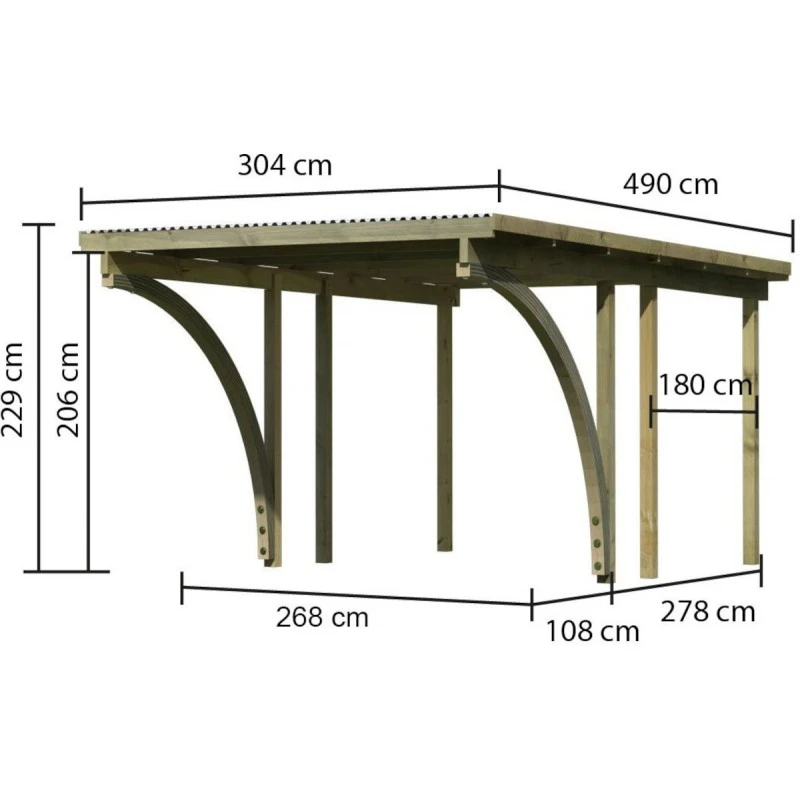 Carport Simple En Bois Autoclave Avec Toit PVC Et 2 Arcs D'entrée 14,9m² - 304x490cm - Karibu 5 Carport Simple En Bois Autoclave Avec Toit PVC Et 2 Arcs D'entrée 14,9m² - 304x490cm - Karibu – Image 3
