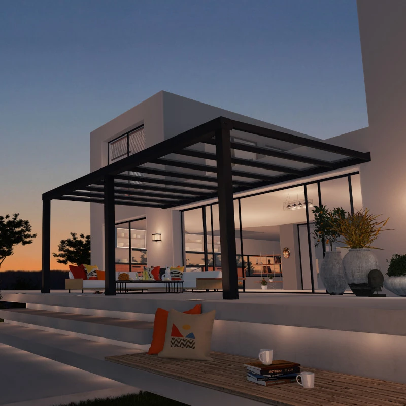 Pergola Adossée Stockholm 350x590cm Aluminium Gris Et Polycarbonate Avec Stores De Toit Rétractables – Palram - Canopia 3 Pergola Adossée Stockholm 350x590cm Aluminium Gris Et Polycarbonate Avec Stores De Toit Rétractables – Palram - Canopia