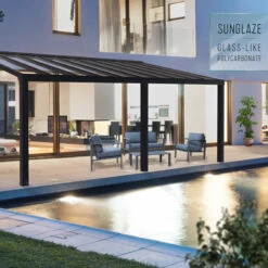 Pergola Adossée Stockholm 350x810cm Aluminium Gris Et Polycarbonate Avec Stores De Toit Rétractables – Palram - Canopia -Boutique De Jardin pergola adossee stockholm 350x810cm aluminium gris et polycarbonate avec stores de toit retractables palram 1