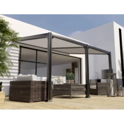 Pergola Adossée Toit Incliné Bioclimatique 300x400cm Lames 13cm - Gris - MELBOURNE - Couleurs Du Monde