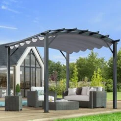 Pergola Arche Aluminium/acier Gris Anthracite 11,22m² Avec Toit En Toile Polyester 140gr/m² Gris HABRITA