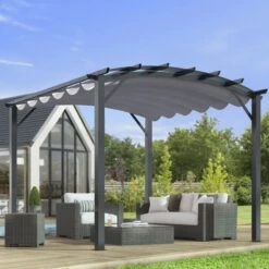 Pergola Arche Aluminium/acier Gris Anthracite 11,22m² Avec Toit En Toile Polyester 280gr/m² Gris HABRITA